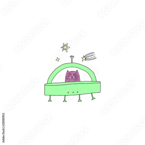 Handdrawn mystical cat UFO in Space. Cartoon doodle stupid style. Halloween fairy tale theme. Vector