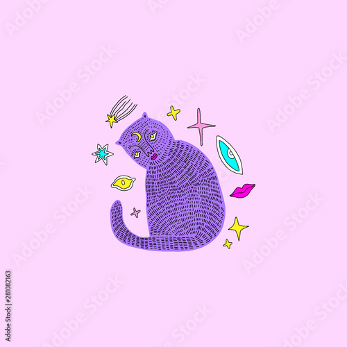 Handdrawn mystical witch cat in Space. Cartoon doodle stupid style. Halloween, pagan, witchcraft and fairy tale theme. Vector
