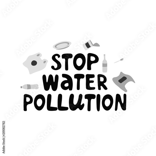 Stop air pollution modern lettering on white background with garbage. Environment pollution concept. Vector