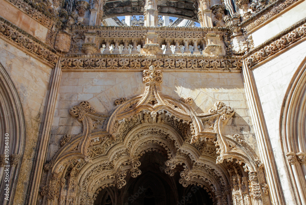 Unfinished chapels, interior. Detail of portal. Monastery of Batalha or Monastery of Saint Mary of the Victory. Dominican convent. UNESCO World Heritage Site. Batalha, Leiria, Estremadura, Portugal