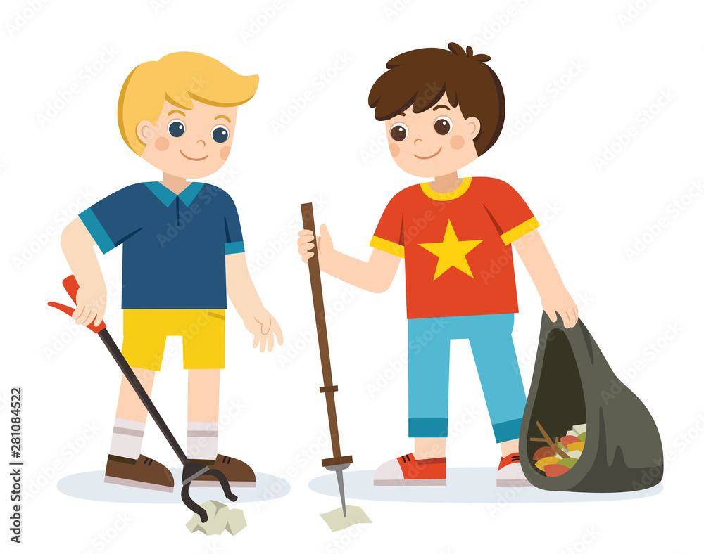 Two boy volunteers holding packets and gathering garbage. Happy Earth Day. Save the earth. Green day. Ecology concept. Two boy volunteers holding packets and gathering garbage. Happy Earth Day. Save the earth. Green day. Ecology concept.
