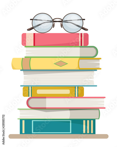 Stack of books with glasses on the top on a white background. flat design style.