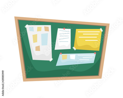 Chalk Bulletin Board with papers attached to the tape. Flat vector illustration