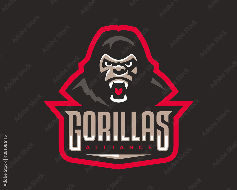 Gorilla head modern logo. Monkey template design emblem for a sport and eSport team.
