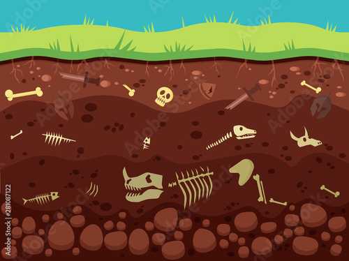 Archeology, historic artifacts under ground illustration. Dinosaurs and prehistoric animals bones, fossil in soil layers flat vector drawing. History, paleontology science, archeological excavation