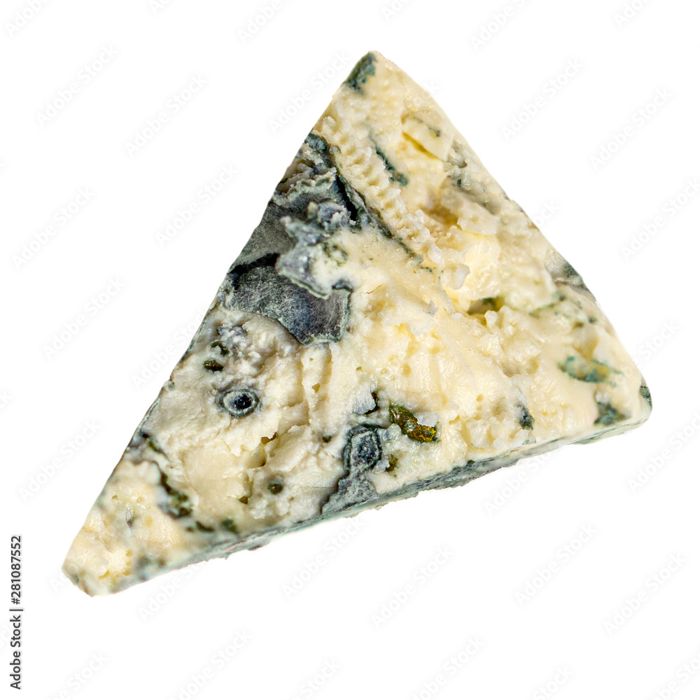 Wedge of Blue cheese. Mold Cheese isolated on a white background. Food concept, close up. Flat lay Wedge of Blue cheese. Mold Cheese isolated on a white background. Food concept, close up. Flat lay