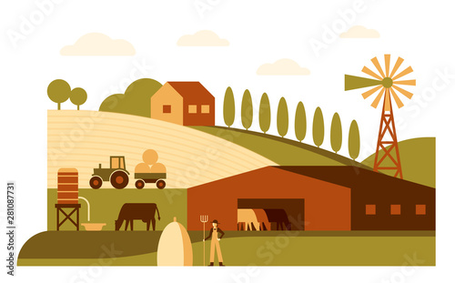 Farm flat vector illustration. Agriculture business color cartoon minimal drawing. Farmland fields, cattle in barn, tractor industrial machinery. Village, rural landscape. Farmer, windmill on horizon