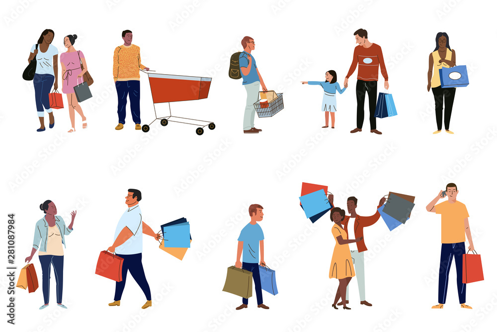 Shoppers flat vector characters set. Buyers with purchases, consumers buying products pack isolated on white background. Cartoon people holding paper shopping bags illustrations