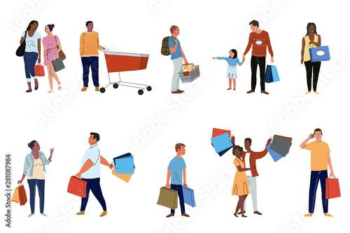 Shoppers flat vector characters set. Buyers with purchases, consumers buying products pack isolated on white background. Cartoon people holding paper shopping bags illustrations