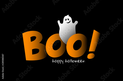 boo happy halloweeen banner card cover design with cute ghost on black background