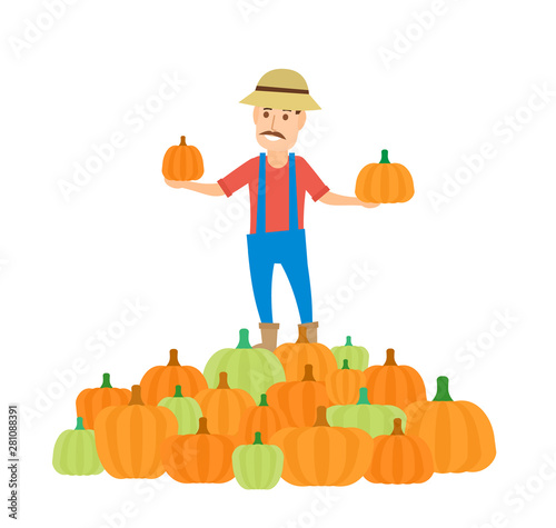 farmer standing on pumpkins heap harvesting concept