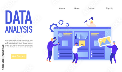 Data analysis landing page isometric vector template. Business problems solving, financial research. Web analytics. Database, data storage. Digital marketing strategy website homepage layout