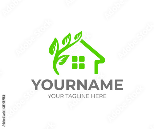 Home or house and branch with leaves, logo design. Smart house, green construction and eco building, vector design and illustration