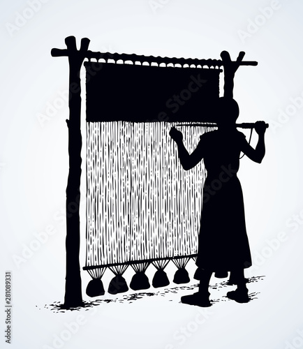 Vector illustration. Woman weaves in ancient loom
