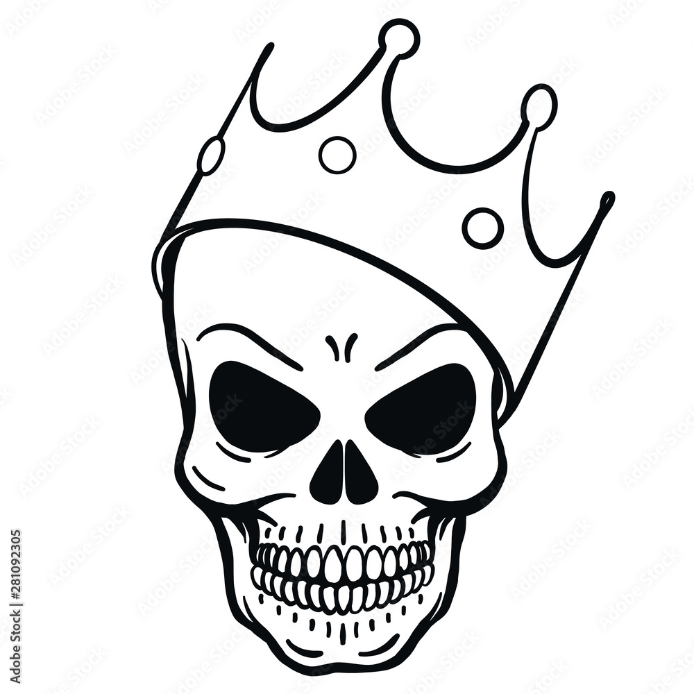 outline drawing of a wicked skull with a crown on its head. horror ...