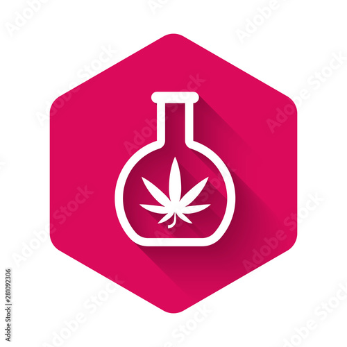 White Chemical test tube with marijuana or cannabis leaf icon isolated with long shadow. Research concept. Laboratory CBD oil concept. Pink hexagon button. Vector Illustration
