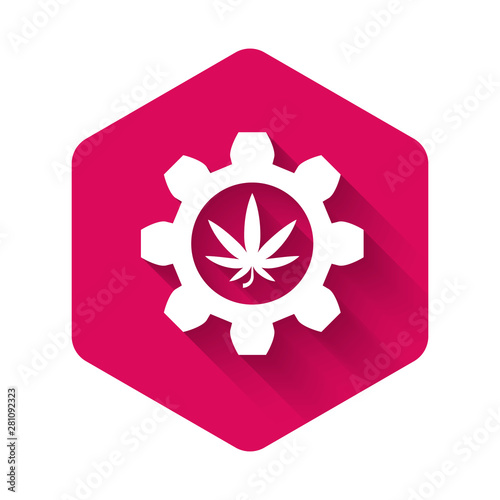 White Chemical test tube with marijuana or cannabis leaf icon isolated with long shadow. Research concept. Laboratory CBD oil concept. Pink hexagon button. Vector Illustration