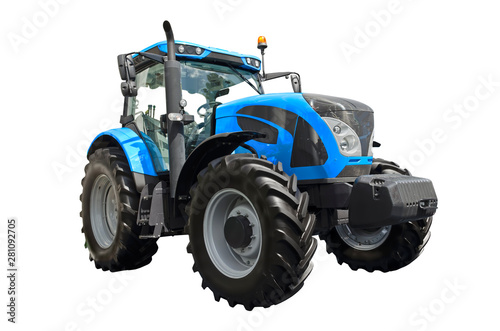Big blue agricultural tractor isolated on a white background
