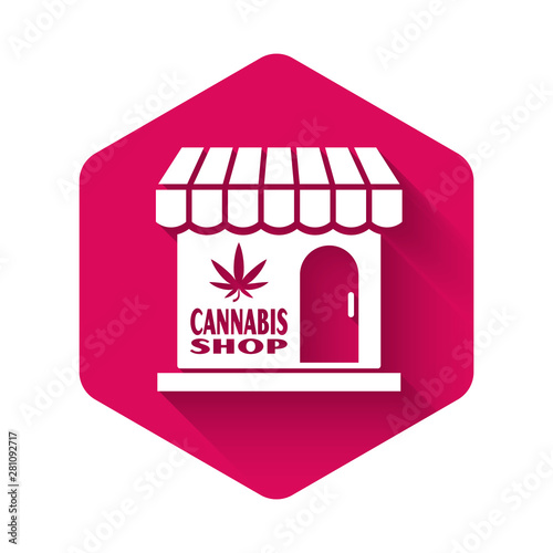White Marijuana and cannabis store icon isolated with long shadow. Equipment and accessories for smoking, storing medical cannabis. Pink hexagon button. Vector Illustration