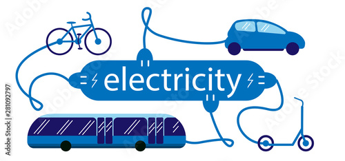 Electric transport (car, bus, bike and scooter) and the symbol of the electric charging station. Vehicles are charged by the electricity lettering. Vector illustration.
