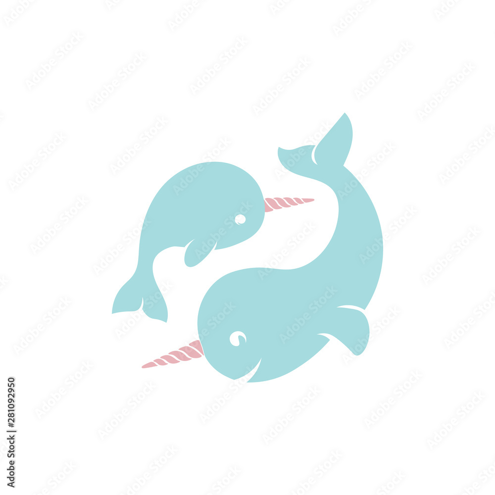 Baby Narval and Parent Narval. Underwater cute illustration.