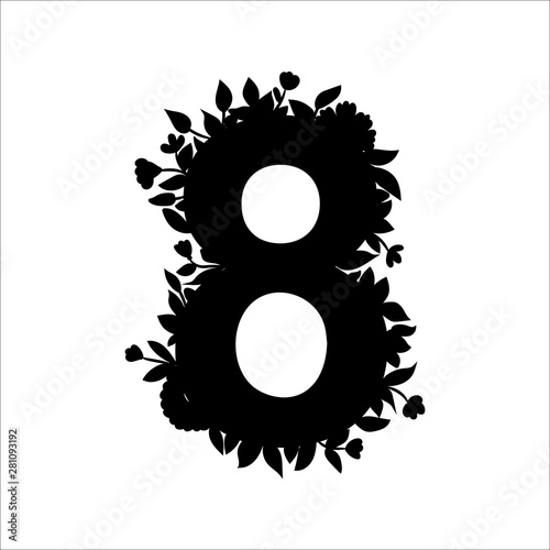 Floral lacy number eight with flowers, leaves and herbal details. Black silhouette. Graphic design element for stickers, scrapbook, greeting cards, poster, advertisement, web photo