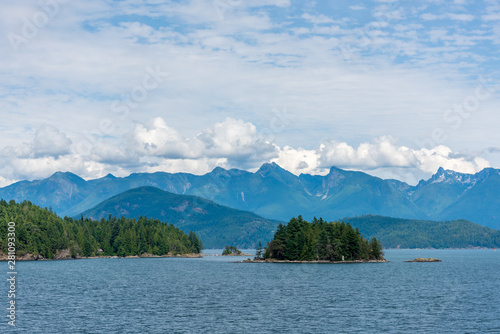 View over Inlet  ocean and island with mountains in beautiful British Columbia. Canada.