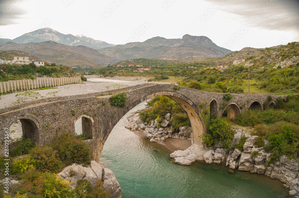 Mesi Bridge. Ottoman bridge crosses the Kir River near the village of Mes. Albania, Shkoder County
