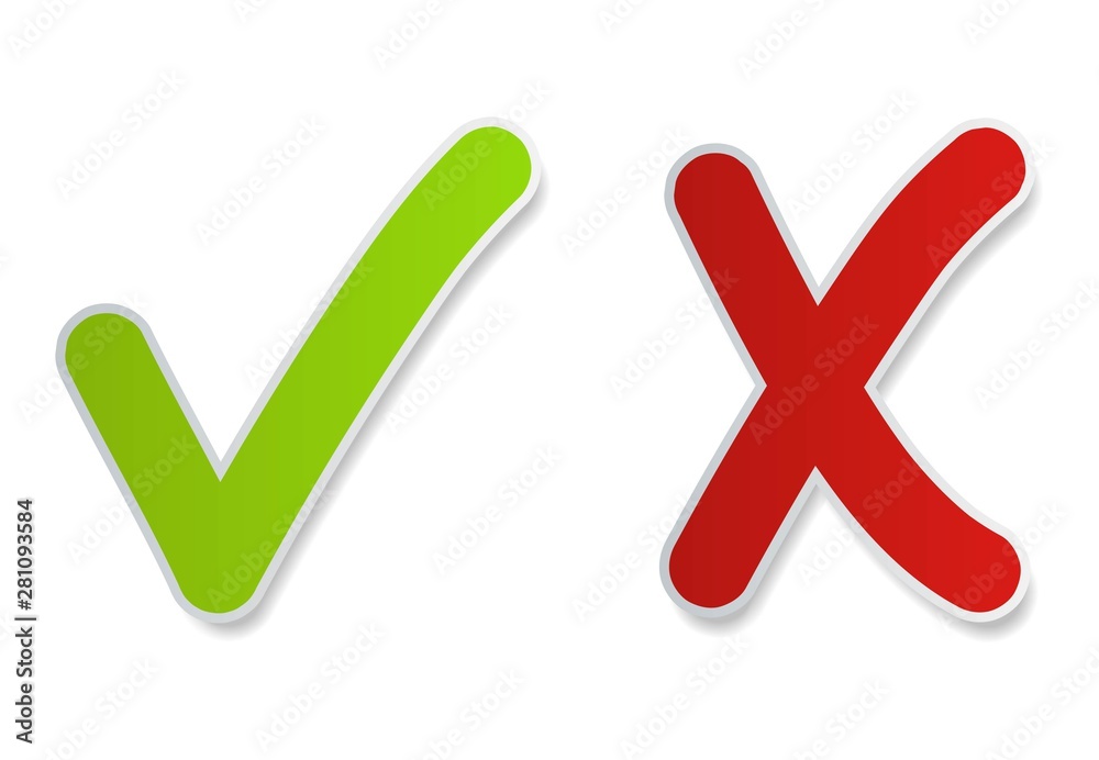 Chek mark buttons icon. Tick and cross vote symbol. Green - yes, red - no. Template design for web or mobile app. Chek mark buttons icon. Tick and cross vote symbol. Green - yes, red - no. Template design for web or mobile app.
