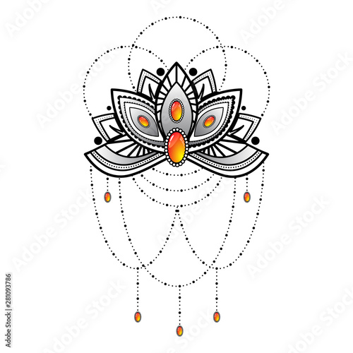 Black outline flower dotted tatoo silhouette with orange gems