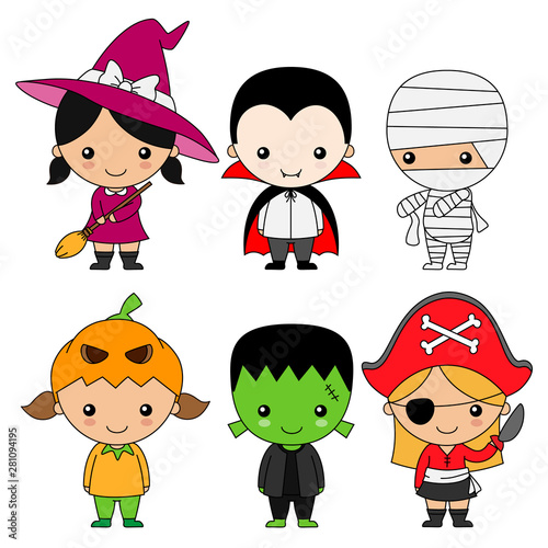 set of children dressed for halloween or carnival. Isolated vector