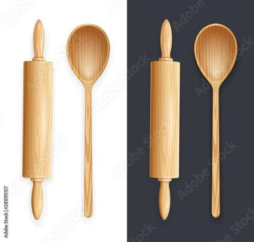 Wooden rolling pin and spoon for dough. Concept design for utensils for baking. Dark background. Eps10 vector illustration.