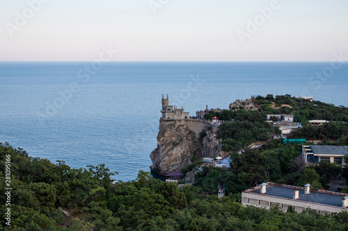Castle Swallow Nest on a rock in the Black Sea. Yalta  Crimea  Russia. . Beautiful view of the Swallow Nest on a cliff in summer