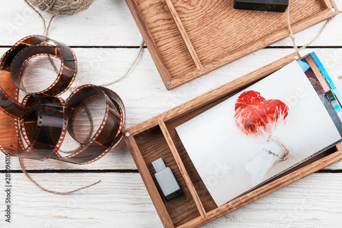 Wooden photo box with weddi...