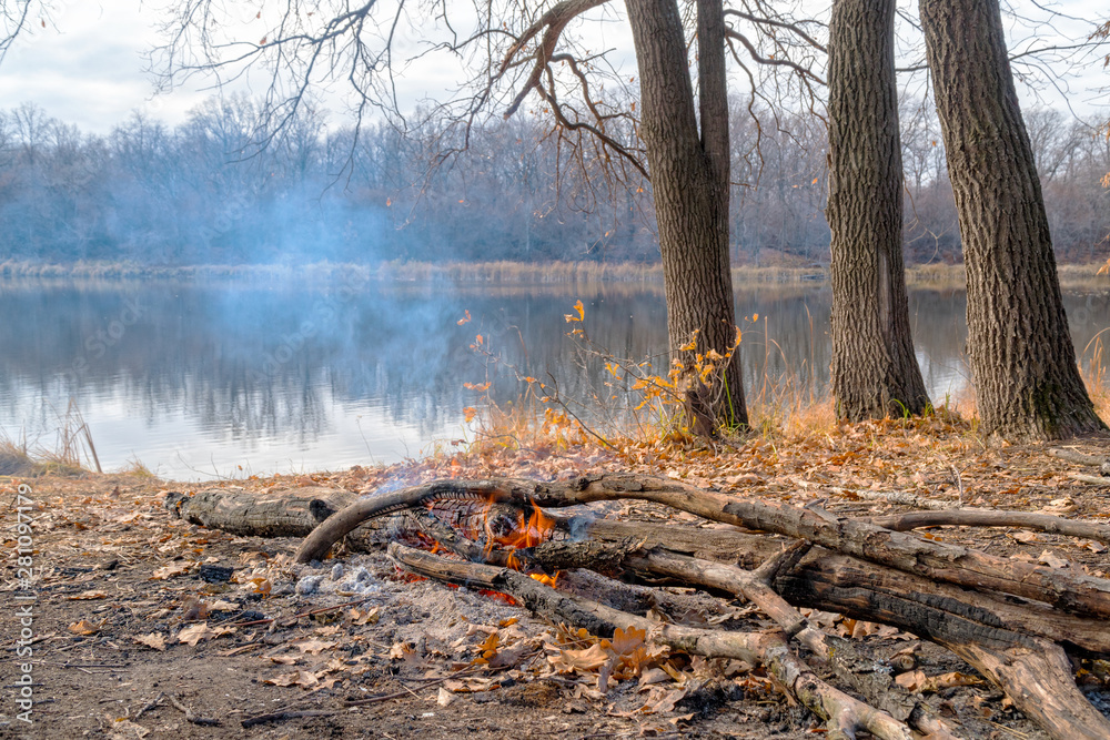 Burning campfire on shore of an autumn forest lake