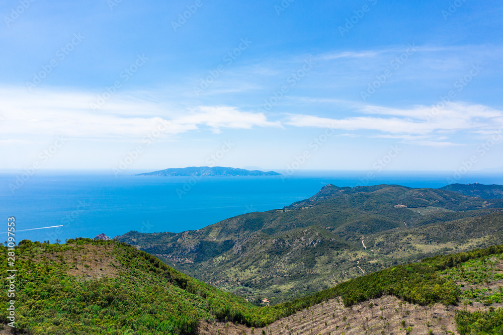Stunning mountainous landscape of Monte Argentario, Tuscany. Drone view from the peak of the mountain. Stunning mountainous landscape of Monte Argentario, Tuscany. Drone view from the peak of the mountain.