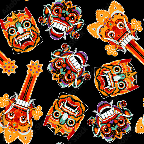 Traditional ritual Barong Masks (panther-like creature). Bali, Indonesia. Seamless background pattern.