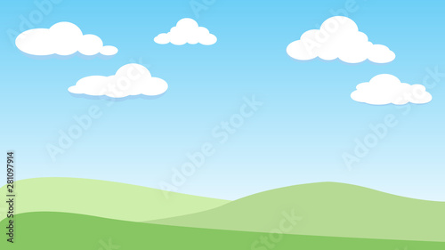 Green landscape hills with white cartoon clouds on blue sky.