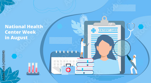 National Health Center Week in August. Healthcare, clinic center concept vector. Tiny doctots treat,  diagnose, carry out prevention, webinar. It is for landing page, UI, flyer, banner, website