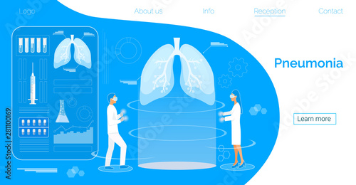 Concept of pulmonary fibrosis, tuberculosis, pneumonia, lung diagnosis x-ray machine, tiny doctors treat, scan lungs using hologram, it is landing page, website, app, banner. World lung day design.