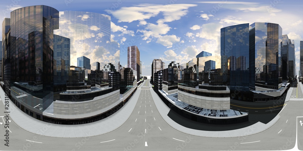 Panorama of the city. Environment map. HDRI map. equidistant projection