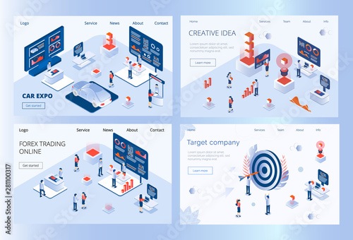Set of landig pages of car expo, forex trading, creative idea, company target. Advertising products, auto stands or services at exhibition. 3D isometric vector concept for flyer, app.