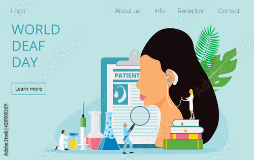 World Deaf Day in  last Sunday of September concept. Rally, seminar and various deaf awareness campaign design vector for app, landing page, website. Tiny doctors give hearing aid.