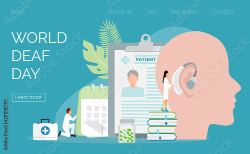 World Deaf Day in  last Sunday of September concept. Rally, seminar and various deaf awareness campaign design vector for app, landing page, website. Tiny doctors give hearing aid.