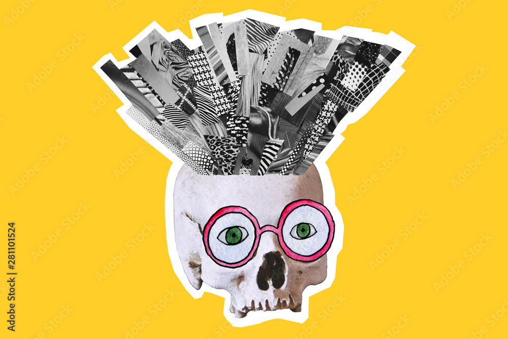 Art contemporary collage. Made of magazines and colorful paper cut clippings with hand drawn sketches. Zine culture. Skull with iroquois and watercolor glasses on yellow background.