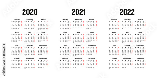 calendar 2020, 2021 and 2022, week starts on Monday, basic business template. vector illustration