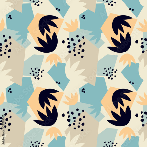 Contemporary seamless pattern ith abstract geometric shapes and floral leaves. Avant-garde modern collage style.