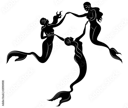 Silhouette of two mermaids. Beautiful girls swim in the water, dance. The lady is young and slim. Fantastic image of a fairy tale. Vector illustration