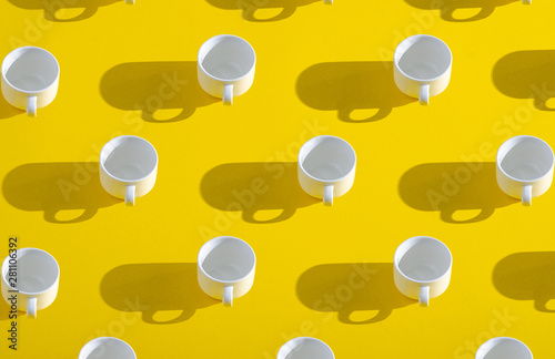 Collage white cup mug on yellow background
