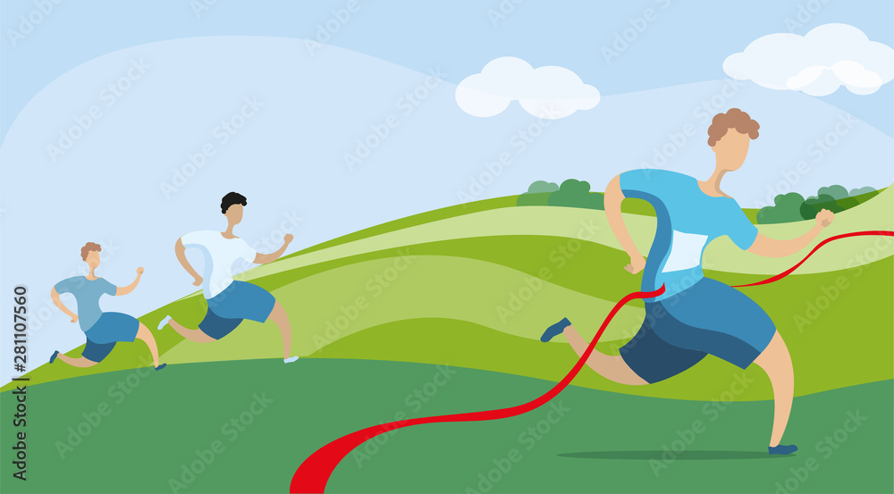 A group of people running in nature. Vector illustration in flat style. Running a marathon.